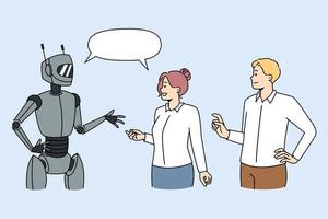 People talking with modern robot. Clients or users communicate with humanoid or chatbot get help support. Ai and technology concept. Vector illustration.