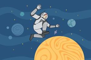 Astronaut walking in open universe. Cosmonaut in spacesuit among planets in cosmos. Spacewalking concept. Vector illustration.