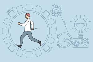 Businessman running in cogwheel generating creative business ideas. Man walk hurry in gear producing project startup or innovation. Motivation and hard work. Vector illustration.