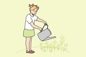 Little girl child holding can watering flowers in garden. Happy kid take care of plants outside. Gardening and horticulture. Vector illustration.