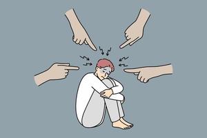 hombre deprimido sentado en el suelo sintiendo ansiedad por las manos apuntándolo. dedos de personas anónimas que hacen culpable a un hombre estresado. depresion y ansiedad. ilustración vectorial vector