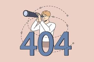 Man with binocular tube on Page Not Found Background. Male looking for information on internet see error page. Vector illustration.