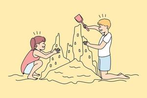 Happy kids building sand castle on beach. Smiling children have fun playing on seashore on summer vacation. Vector illustration.