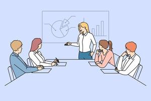 Businesswoman make presentation for colleagues in office meeting. Successful woman leader present financial project for employee. Teamwork and leadership. Vector illustration.