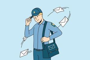 Smiling postman in uniform with bag full of post to deliver. Happy young mailman delivering letters to receivers. Postal service. Vector illustration.