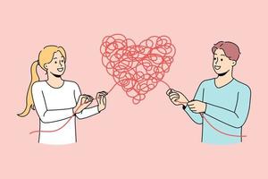 el hombre y la mujer desenredan el corazón para resolver el problema de la relación. pareja encuentra solución a problemas de relación. citas y sentimientos. ilustración vectorial vector