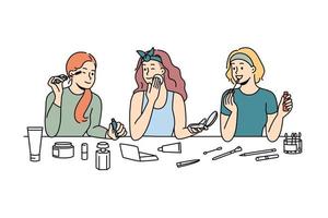 Happy girls have fun applying makeup enjoying beauty day together at home. Smiling girlfriends do cosmetic procedures on spa weekend indoors. Vector illustration.