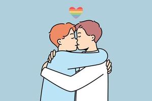 Men hugging and kissing. Gay couple embrace show love and affection. LGBT community concept. Vector illustration.