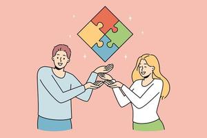 Happy businesspeople showing jigsaw puzzle coming to shared business conclusion or solution. Smiling colleagues solve problem. Teamwork and cooperation. Vector illustration.