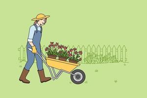 Happy woman gardener in uniform with wheel cart doing outdoor works. Smiling female gardening planting flowers outside. Environment and hobby concept. Vector illustration.