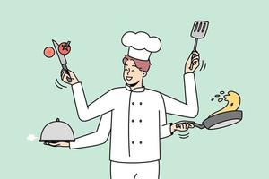 Smiling male chef in uniform with kitchen utensils multitasking at work. Happy confident man cooking with kitchenware. Vector illustration.