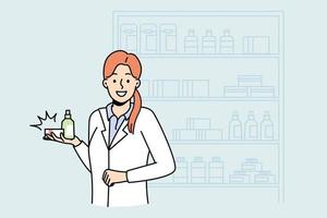 Female pharmacist with medication standing in drugstore. Woman medical specialist with drugs in pharmacy. Medicine and healthcare. Vector illustration.