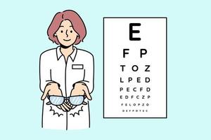 Female ophthalmologist holding glasses on background eye check chart. Eyesight checkup in ophthalmology clinic. Spectacles prescription. Vector illustration.