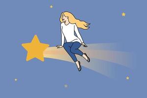 mujer joven sentada en una gran estrella soñando o pensando en el futuro. chica imaginando perspectivas o haciendo planes. soñador en el cielo estrellado. ilustración vectorial vector