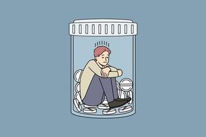 Unhappy man sitting in bottle with medicines suffer from depression or nervous breakdown. Upset stressed male struggle with drug and medication addiction. Vector illustration.