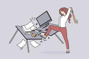 Angry woman employee crash office table suffer from nervous breakdown at workplace. Furious businesswoman break furniture in cabinet having burnout. Vector illustration.