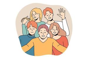 Smiling diverse friends posing for picture together. Happy people have fun feel optimistic enjoy friendship. Unity and diversity. Vector illustration.