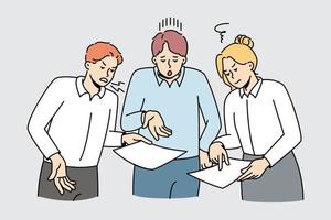 Colleagues fight about company paperwork. Businesspeople have misunderstanding or quarrel at workplace about document or report. Office problems. Vector illustration.