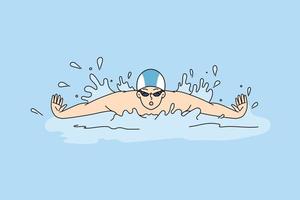 Athlete swimming in poll training for contest or competition. Sportsman swimmer in swimming pool. Sport and activity. Vector illustration.