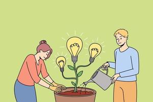 People watering plant in pot with lightbulb developing creative ideas. Man and woman growing innovation, planting product launch. Vector illustration.
