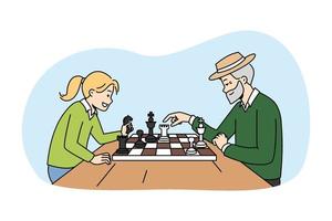 Mature grandfather playing chess with small girl. Happy elderly man enjoy board game with little child. Hobby and leisure time. Vector illustration.