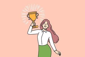 Happy woman with golden prize celebrate work or personal success. Motivated female holding trophy excited about achievement or business award. Vector illustration.