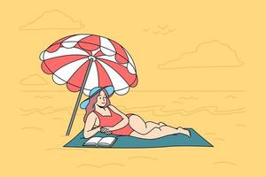 Happy woman in swimsuit lying on beach reading book. Smiling girl in biking relax on seashore sunbathing enjoying summer holidays. Vector illustration.