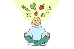 Calm young woman meditating thinking of healthy eating. Happy girl in lotus pose go vegetarian and diet. Eco and organic products. Vector illustration.