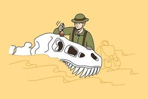 Paleontologist study dinosaur remains at archeology site. Man scientist working with old animal excavations. Paleontology and scientist. Vector illustration.