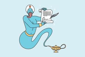 Blue genie from golden bottle holding paper granting wishes. Jinn with magic powers showing poster with desires. Cartoon character fairy tale. Vector illustration.