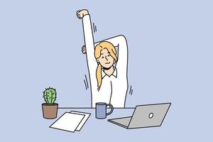 Exhausted female employee stretching sitting at desk in office. Tired woman do gymnastics and exercises at workplace. Sport activity. Vector illustration.