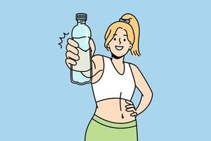 Fit young woman in sportswear recommend water drinking. Smiling toned female athlete follow healthy lifestyle. Sport and diet concept. Vector illustration.