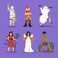 niños en disfraces de halloween. momia, pirata, fantasma, diablo, ilustración de personaje zombie