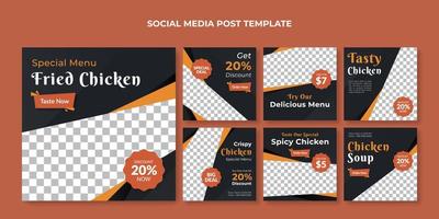 plantilla de publicación de redes sociales de pollo frito. banner de comida para restaurante y cafetería vector
