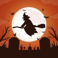 fondo de luna llena de halloween con bruja volando sobre el cementerio vector