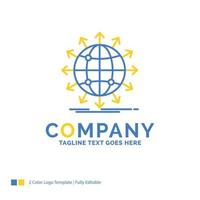 globe. network. arrow. news. worldwide Blue Yellow Business Logo template. Creative Design Template Place for Tagline. vector