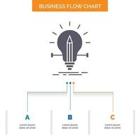 bulbo. creativo. solución. luz. diseño de diagrama de flujo de negocios de lápiz con 3 pasos. icono de glifo para el lugar de plantilla de fondo de presentación para texto. vector