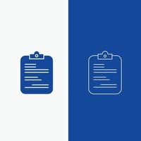 reporte. médico. papel. Lista de Verificación. línea de documento y botón web de glifo en banner vertical de color azul para ui y ux. sitio web o aplicación móvil vector