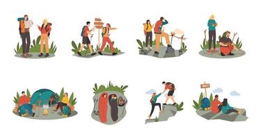 Camping, hiking and outdoor adventure. Man and woman traveling together vector