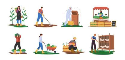 Agricultural workers or farmer gathering harvest, feeding farm animals, selling local food vector