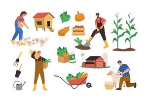 Local organic production with agricultural worker or farmer working on farm, gathering harvest, feeding farm animals vector