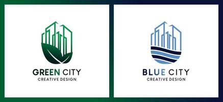 diseño de logotipo de bienes raíces, concepto creativo ilustración de vector de ciudad verde