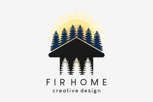 Spruce tree house logo design, house silhouette combined with fir trees in the sun background