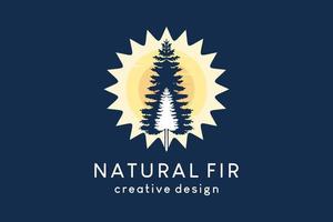diseño de logotipo de silueta de árbol de abeto combinado con icono de sol en concepto creativo vector