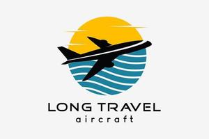 diseño de logotipo de avión, ilustración de vector de viajes de negocios de turismo. icono de avión con océano en concepto creativo
