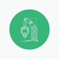 Automation. factory. hand. mechanism. package White Line Icon in Circle background. vector icon illustration