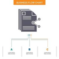 contenido. archivos intercambio. Cuota. documento de diseño de diagrama de flujo de negocios con 3 pasos. icono de glifo para el lugar de plantilla de fondo de presentación para texto. vector