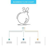 Bomb. boom. danger. ddos. explosion Business Flow Chart Design with 3 Steps. Line Icon For Presentation Background Template Place for text vector