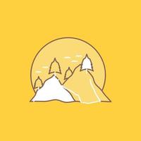 Cerro. paisaje. naturaleza. montaña. icono lleno de línea plana de sol. hermoso botón de logotipo sobre fondo amarillo para ui y ux. sitio web o aplicación móvil vector