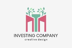Investment and real estate company logo and icon design with creative concept, building icon combined with people and leaf icons vector